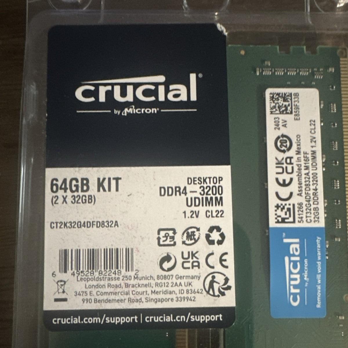 Crucial Kit : 64GB DIMM DDR4 non-ECC 3200MHz Memory CT2K32G4DFD832A (CT2K32G4DFD832A)