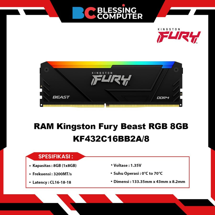 Kingston 3200MT/s CL16 Fury Beast RGB 8GB DIMM Memory KF432C16BB2A/8 (KF432C16BB2A/8)