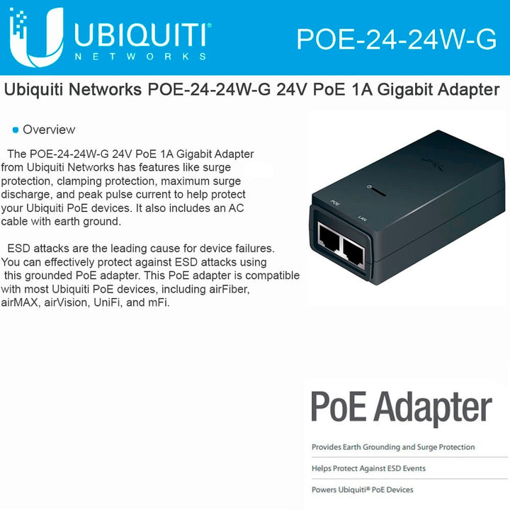 Ubiquiti Inject 24V/24W Gigabit P. Ethernet PoE Injector POE-24-24W-G